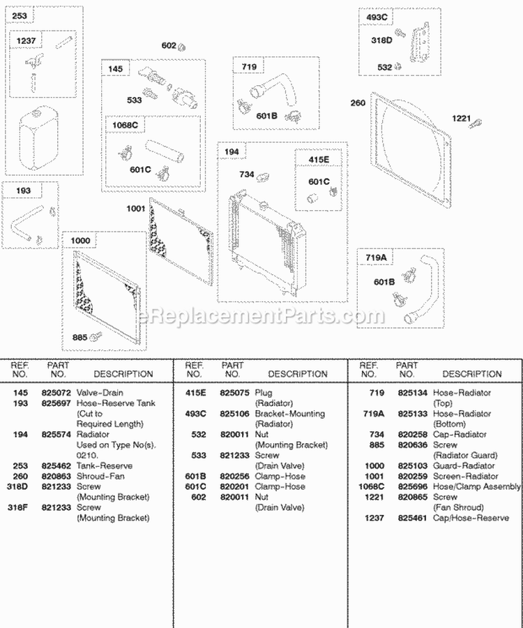Radiator Screens Reserve Tank Drain Valve Diagram and Parts List for 584447-0205-E2  Briggs and Stratton Engine